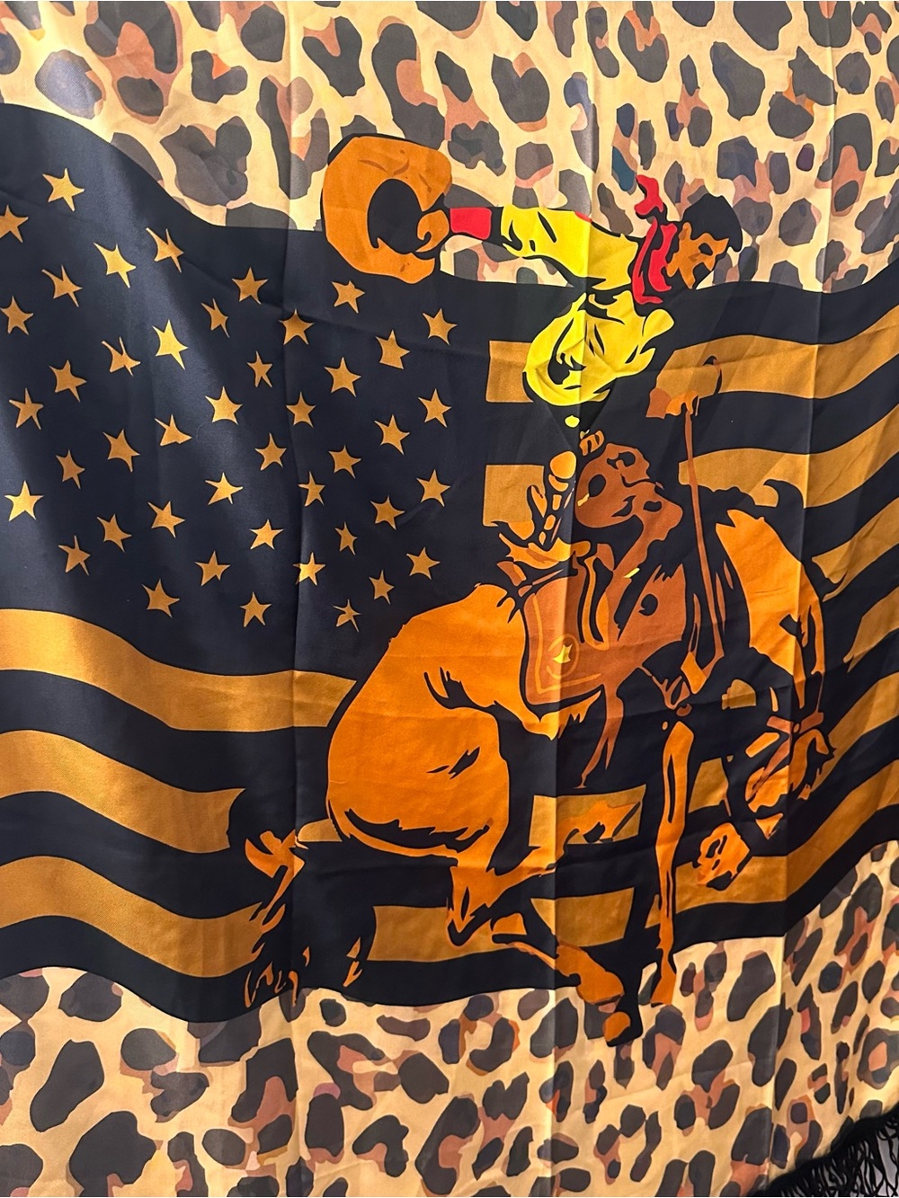 Black & Gold Leopard American Flag Cowboy Bucking Horse Scarf Wild Rag w/ Fringe